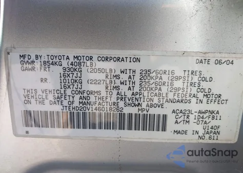 2004 Toyota Rav4 из США, поврежденный, VIN JTEHD20V146018262